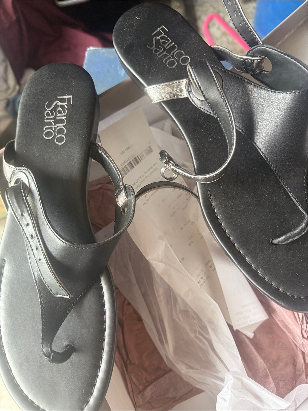 Franco Sarto Black Leather T-Strap Sandals